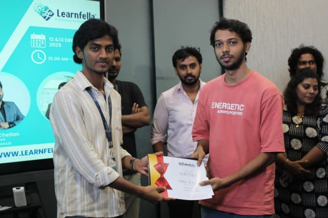Learnfella digital marketing course certificate award in Chennai with students and trainer at course completion event