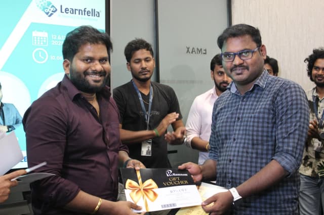 Learnfella digital marketing course certificate presentation in Chennai with student receiving certification from trainer